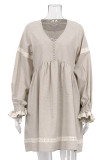 Casual Solid Patchwork Buckle V Neck Long Sleeve Dresses
