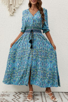 Bohemian Vintage Print Flowers Buttons V Neck A Line Dresses