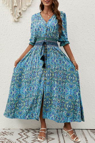 Bohemian Vintage Print Flowers Buttons V Neck A Line Dresses