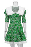 Elegant Print Flowers Frenulum Peter Pan Collar Princess Dresses