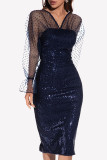 Sexy Solid Embroidered Sequins Mesh V Neck Wrapped Skirt Dresses