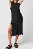 Sexy Vacation Solid Hollowed Out Slit O Neck Beach Dress Dresses