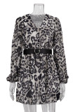 Vintage Elegant Leopard Patchwork With Belt Turndown Collar A Line Dresses
