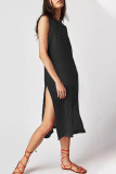 Sexy Vacation Solid Hollowed Out Slit O Neck Beach Dress Dresses