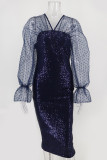 Sexy Solid Embroidered Sequins Mesh V Neck Wrapped Skirt Dresses