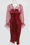 Sexy Solid Embroidered Sequins Mesh V Neck Wrapped Skirt Dresses