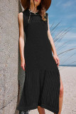 Sexy Vacation Solid Hollowed Out Slit O Neck Beach Dress Dresses
