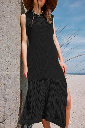 Sexy Vacation Solid Hollowed Out Slit O Neck Beach Dress Dresses