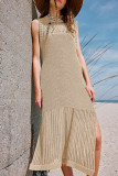Sexy Vacation Solid Hollowed Out Slit O Neck Beach Dress Dresses