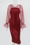 Sexy Solid Embroidered Sequins Mesh V Neck Wrapped Skirt Dresses