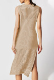 Sexy Vacation Solid Hollowed Out Slit O Neck Beach Dress Dresses