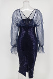 Sexy Solid Embroidered Sequins Mesh V Neck Wrapped Skirt Dresses