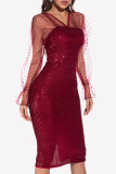 Sexy Solid Embroidered Sequins Mesh V Neck Wrapped Skirt Dresses