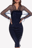 Sexy Solid Embroidered Sequins Mesh V Neck Wrapped Skirt Dresses
