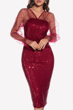 Sexy Solid Embroidered Sequins Mesh V Neck Wrapped Skirt Dresses