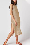 Sexy Vacation Solid Hollowed Out Slit O Neck Beach Dress Dresses