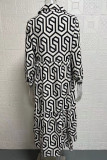 Casual Vintage Geometric Print Buckle Turndown Collar Shirt Dress Dresses