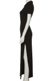 Casual Solid Buttons Slit V Neck One Step Skirt Short Sleeve Dress