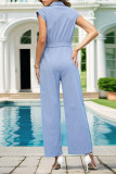 Casual Solid Pocket Buttons With Belt Turndown Collar Loose Jumpsuits