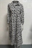 Casual Vintage Geometric Print Buckle Turndown Collar Shirt Dress Dresses