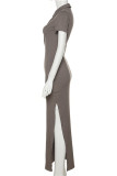 Casual Solid Buttons Slit V Neck One Step Skirt Short Sleeve Dress