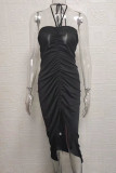 Sexy Solid Draw String Frenulum Slit Strapless Wrapped Skirt Dresses(Wear in a variety of ways)