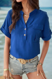 Casual Simplicity Solid Pocket Buttons V Neck Tops
