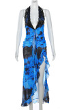 Sexy Color Lump Print Lace Contrast Stringy Selvedge Halter Irregular Dress Dresses