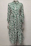 Casual Vintage Geometric Print Buckle Turndown Collar Shirt Dress Dresses