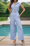 Casual Solid Pocket Buttons With Belt Turndown Collar Loose Jumpsuits