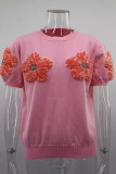 Sweet Solid Appliques Contrast O Neck Tops