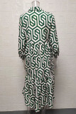 Casual Vintage Geometric Print Buckle Turndown Collar Shirt Dress Dresses