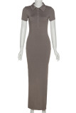 Casual Solid Buttons Slit V Neck One Step Skirt Short Sleeve Dress