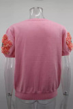 Sweet Solid Appliques Contrast O Neck Tops