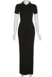 Casual Solid Buttons Slit V Neck One Step Skirt Short Sleeve Dress