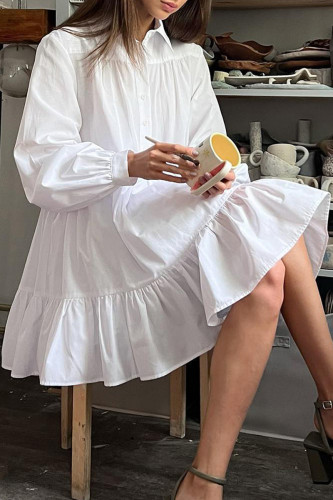 Casual Simplicity Solid Flounce Turndown Collar Shirt Dress Dresses