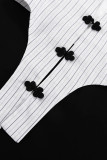 Casual British Style Striped Buttons Asymmetrical V Neck Long Sleeve Two Pieces
