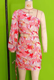 Sweet Elegant Draw String Asymmetrical Oblique Collar Printed Dress Dresses