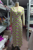 Celebrities Elegant Geometric Print Contrast V Neck One Step Skirt Dresses