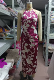 Elegant Floral Slit Fold Halter Printed Dress Dresses