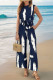 Casual Vacation Geometric Print Bandage Pocket O Neck Loose Jumpsuits