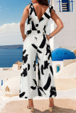 Casual Geometric Print Pocket V Neck Loose Jumpsuits