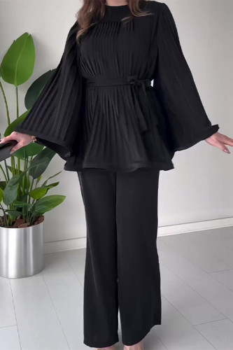 Casual Celebrities Solid Bandage Fold O Neck Long Sleeve Two Pieces