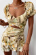 Sexy Floral Draw String Flounce V Neck Irregular Dresses