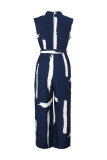 Casual Vacation Geometric Print Bandage Pocket O Neck Loose Jumpsuits