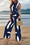 Casual Vacation Geometric Print Bandage Pocket O Neck Loose Jumpsuits