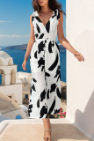 Casual Geometric Print Pocket V Neck Loose Jumpsuits