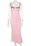 Sweet Elegant Flowers Embroidered Bandage Square Collar Wrapped Skirt Dresses