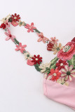 Sweet Elegant Flowers Embroidered Bandage Square Collar Wrapped Skirt Dresses