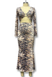 Sexy Vintage Animal Print Print Stringy Selvedge V Neck Long Sleeve Two Pieces